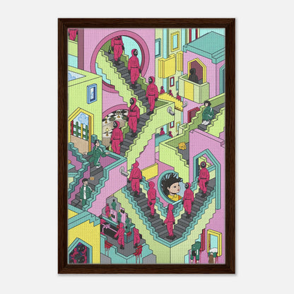 Squid Game Stairs Framed Canvas Print showcasing vibrant, Escher-inspired staircases and characters in a surreal setting.