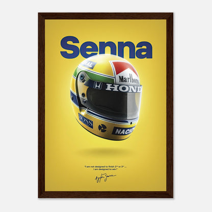 Ayrton Senna helmet framed poster with vibrant colors and inspirational quote on a bold yellow background.