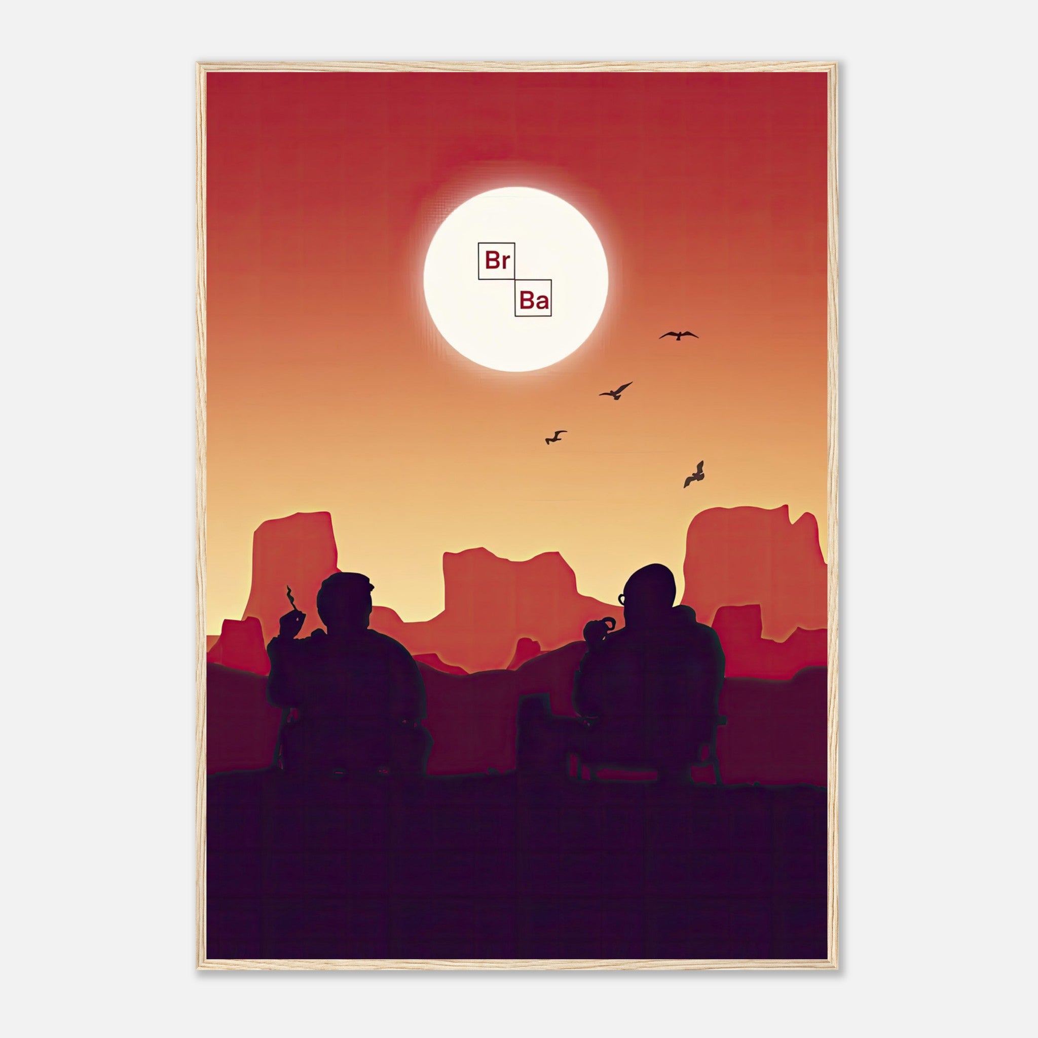 Sunset Breaking Bad framed poster featuring Walt and Jesse silhouetted against a fiery sunset backdrop.