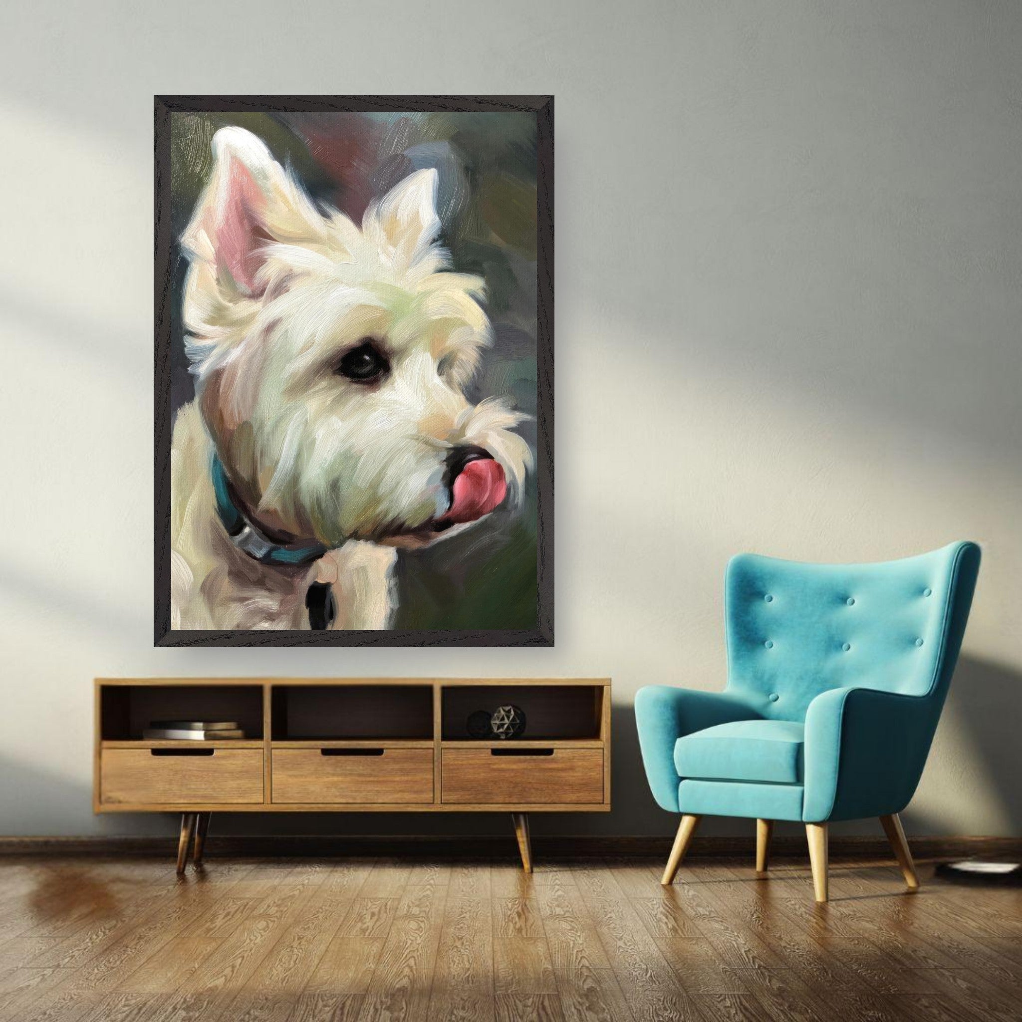 Westie dog painting displayed in a modern living room, showcasing the breed's charm and expressive details.