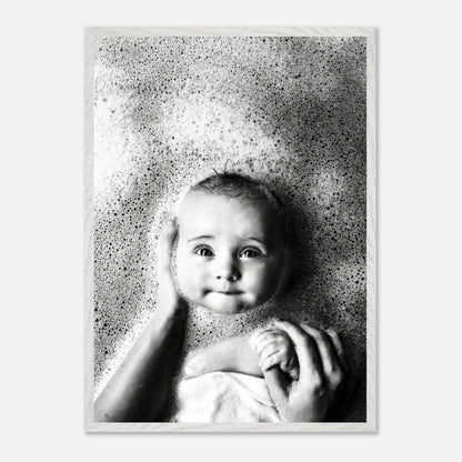 Black and white baby bath photography vintage framed print, capturing innocence in delicate bubbles.