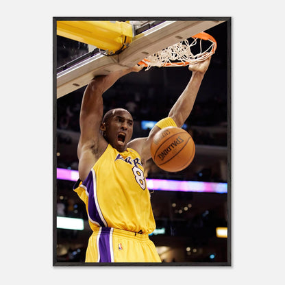 Kobe Bryant performing an iconic slam dunk in a vibrant purple and gold Lakers jersey, capturing energy and intensity.