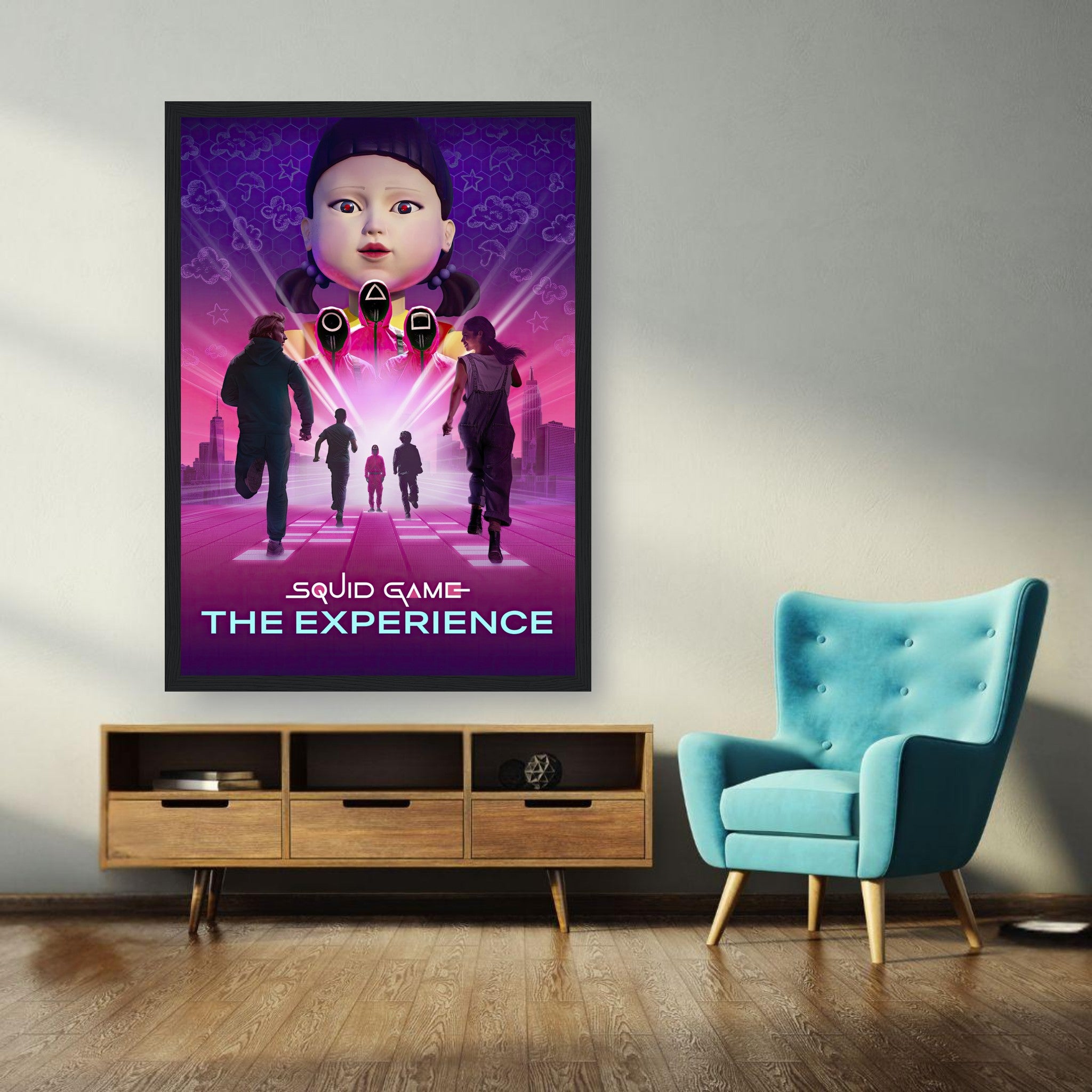 Squid Game Season 2 framed print showcasing iconic doll and vibrant colors in a modern living room setting.