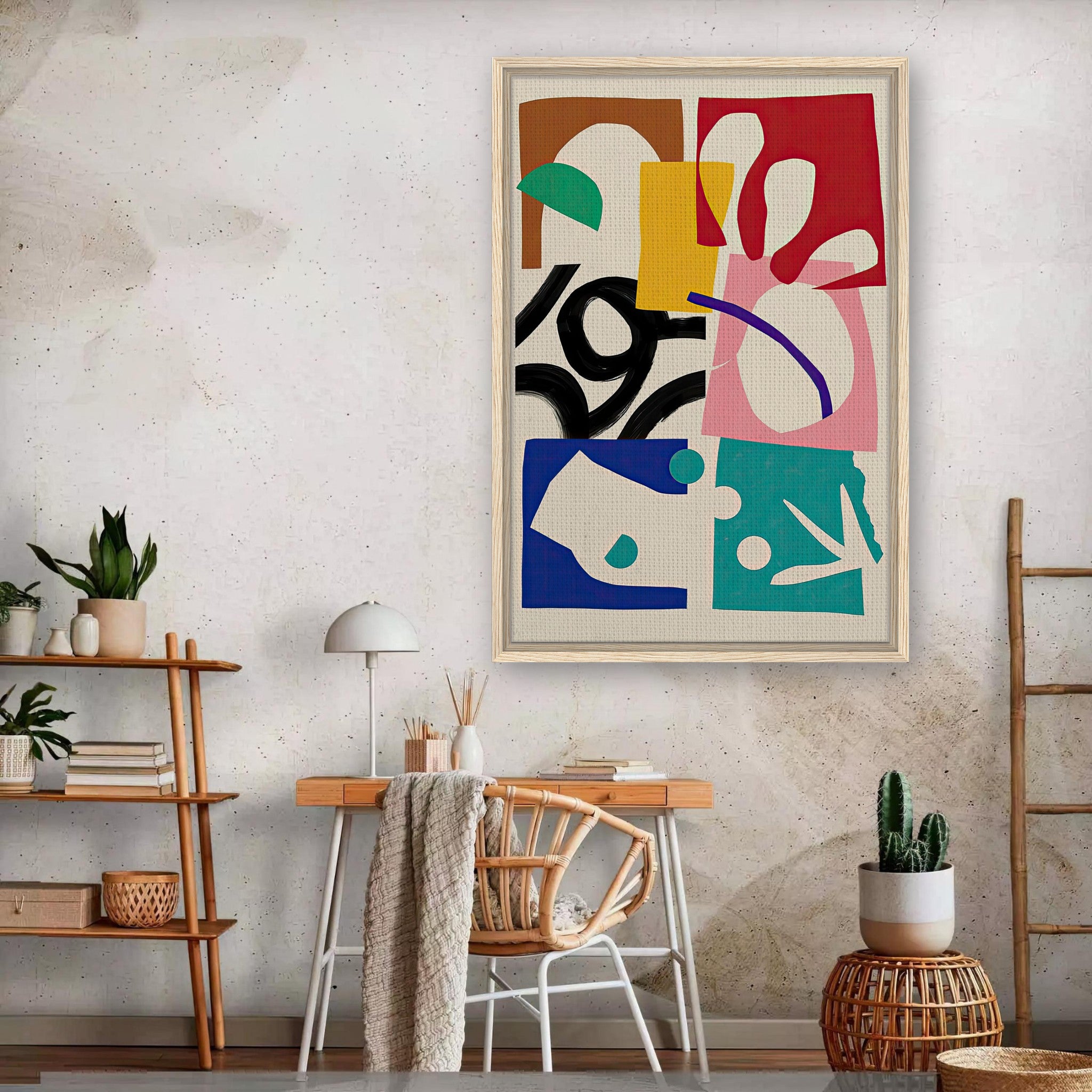 Framed Abstract Harmony Canvas Print on wall in modern workspace, featuring bold shapes and colors.