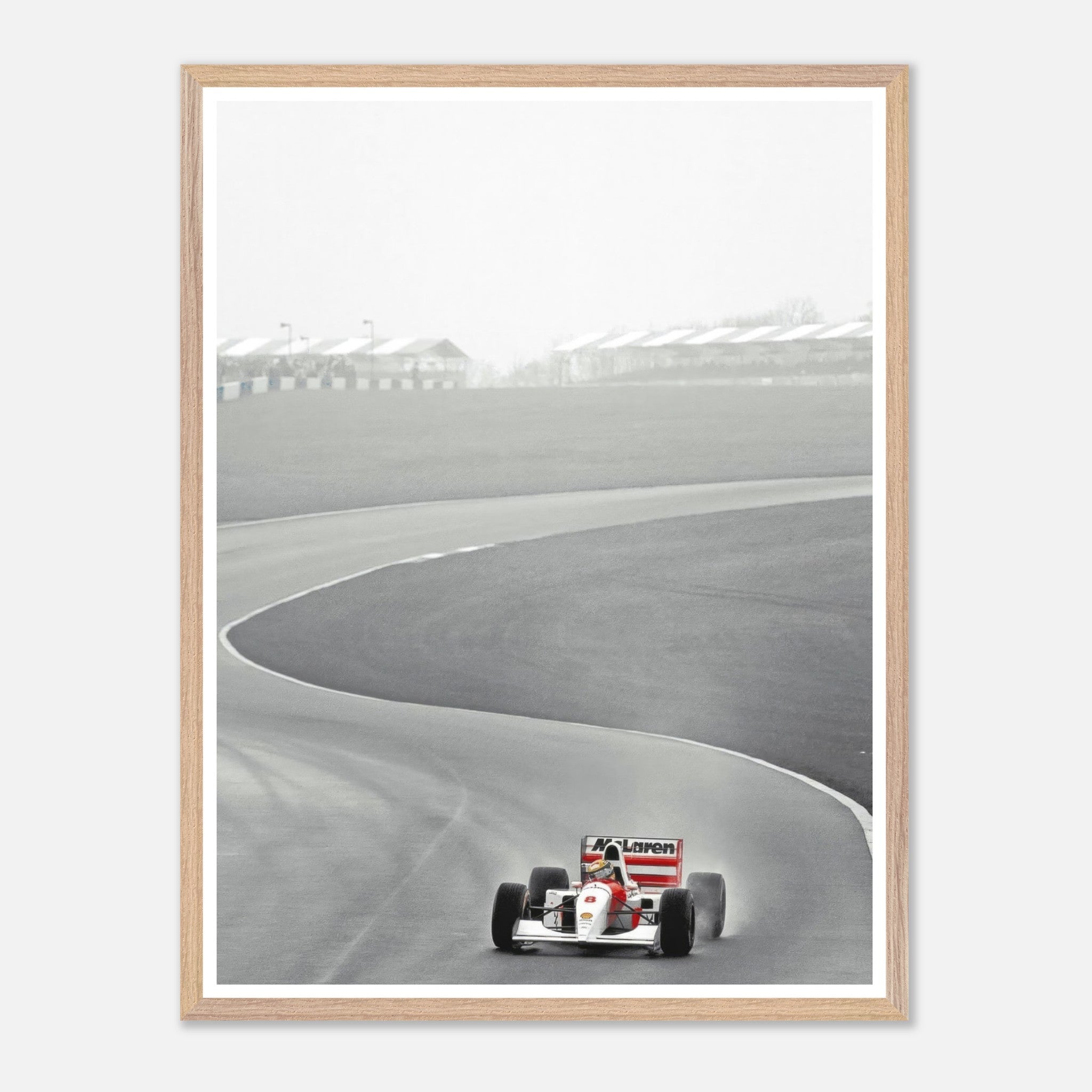 1988 Ayrton Senna McLaren MP4/4 vintage framed art, showcasing iconic Formula 1 racing on track.