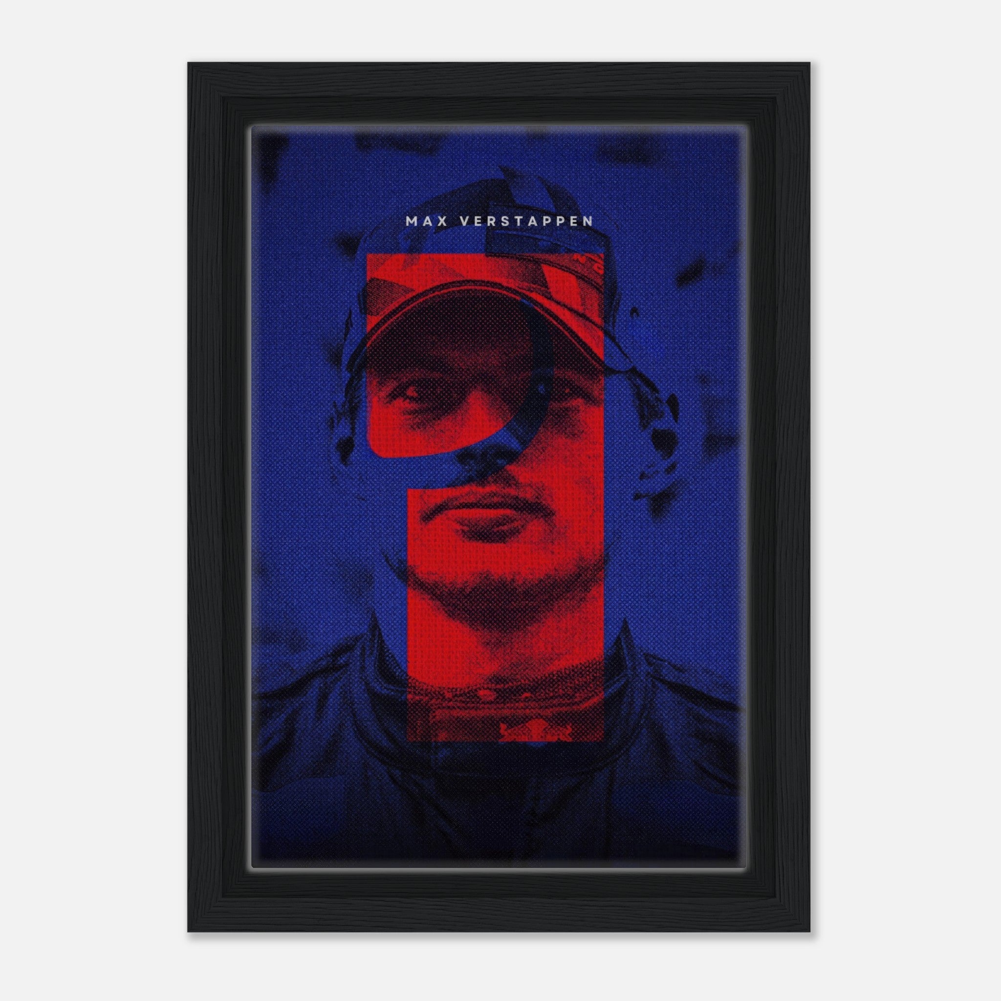 Max Verstappen framed canvas print showcasing dynamic F1 design with bold colors and intricate details.