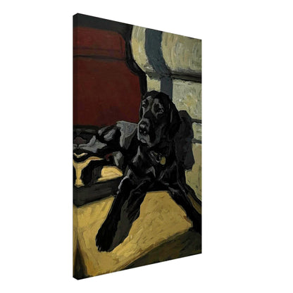 Black Labrador dog painting canvas print showcasing a serene black Labrador relaxing on a warm, golden surface.