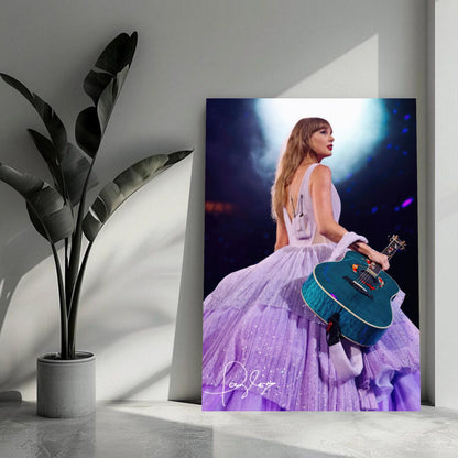 Taylor Swift metal poster showcasing her in a lavender gown holding a turquoise guitar on stage, perfect for fans.