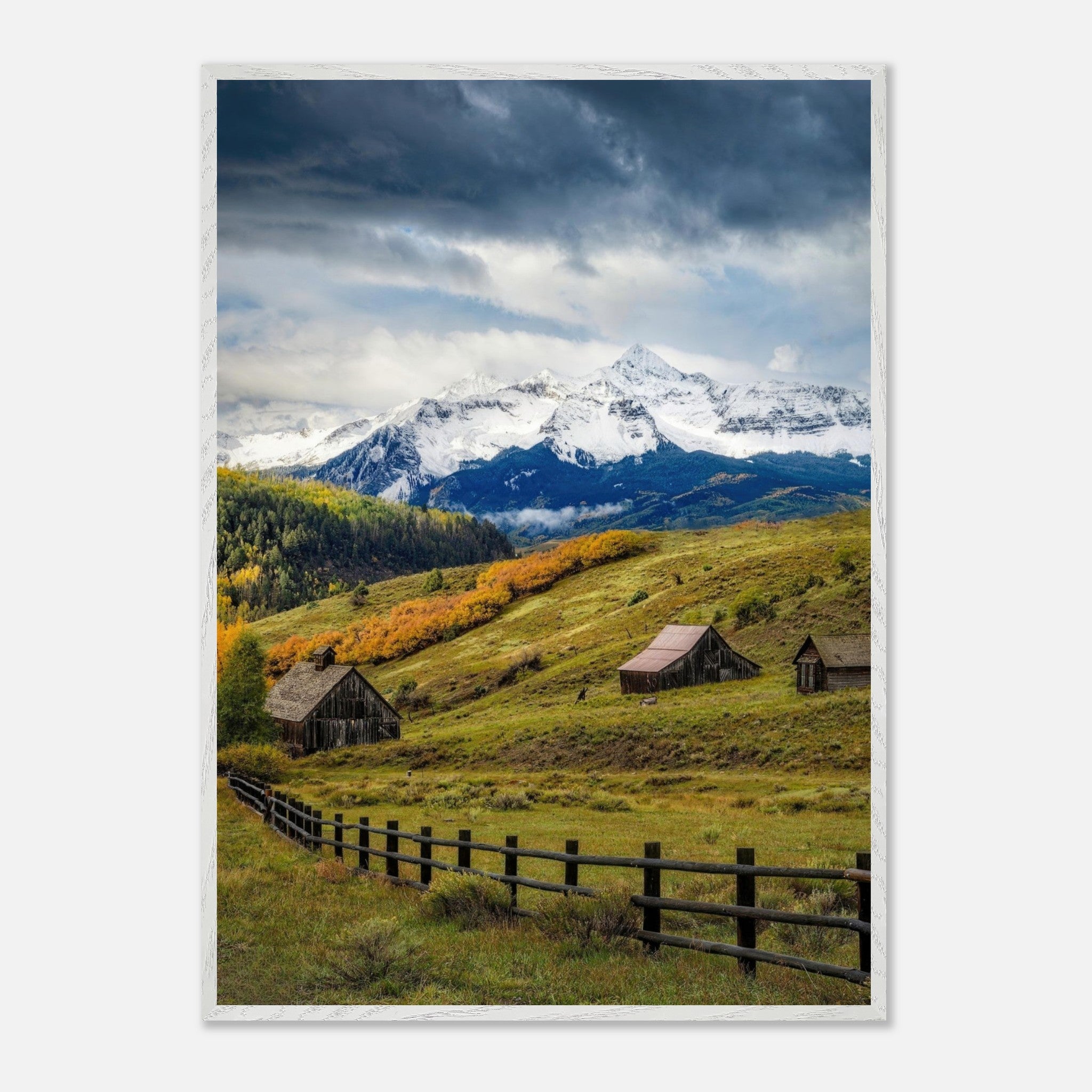 Captivating Telluride, Colorado scene with rustic barns, vibrant meadows, and majestic snow-capped peaks. Framed Giclée fine art print.