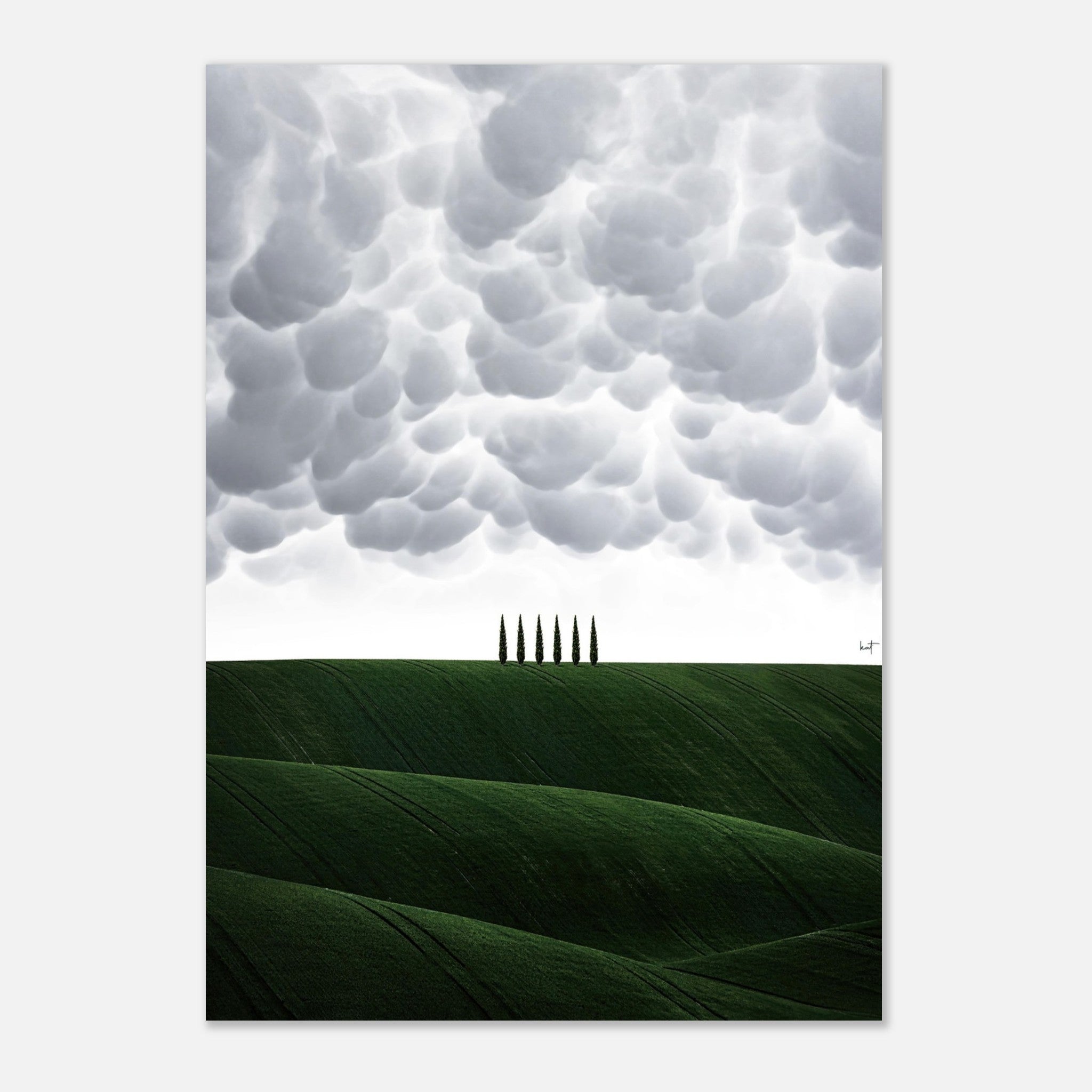 Tuscany landscape poster featuring rolling green hills and iconic cypress trees under a dramatic cloud formation.