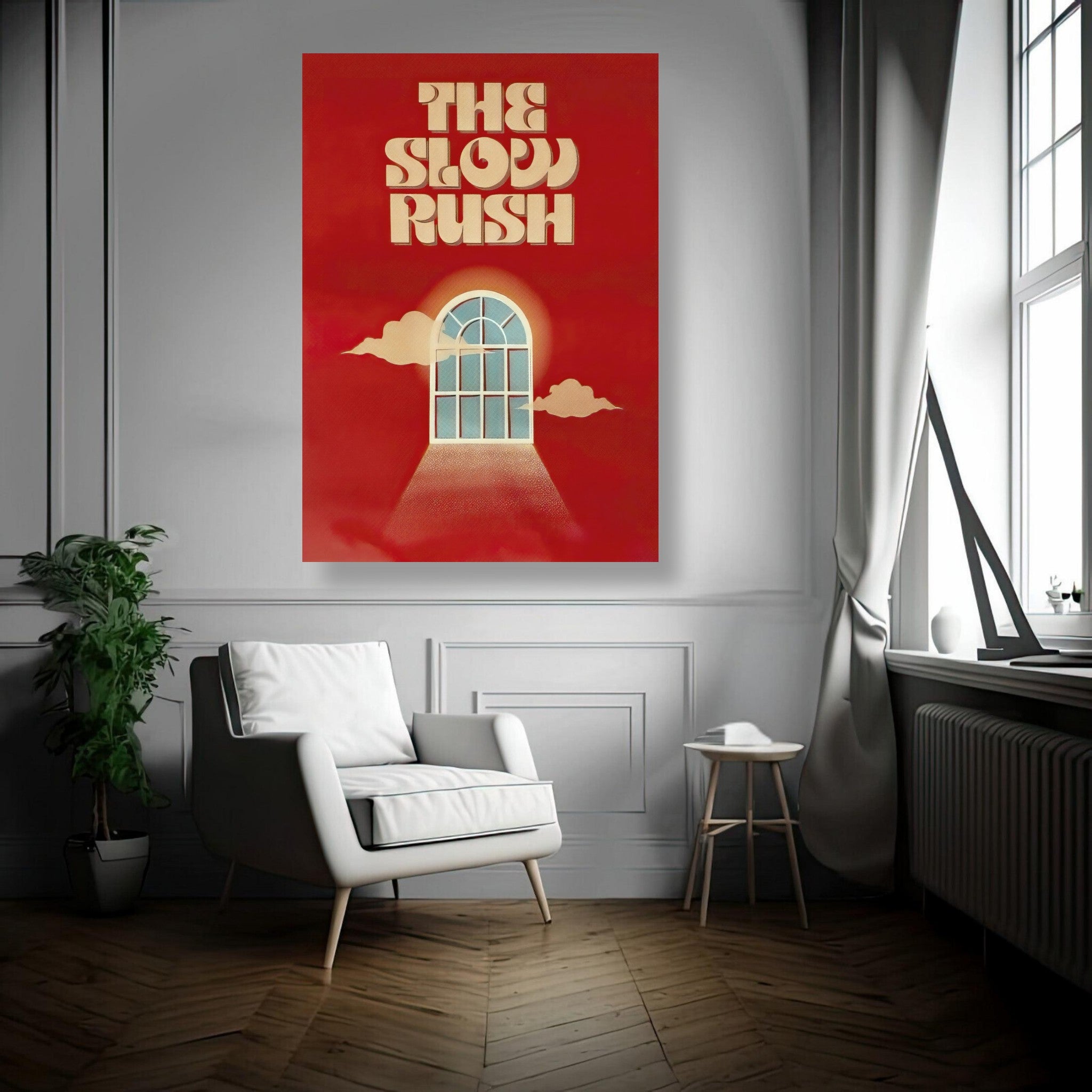 "The Slow Rush Metal Poster featuring vibrant red hues and an arched window design, enhancing modern interior decor."