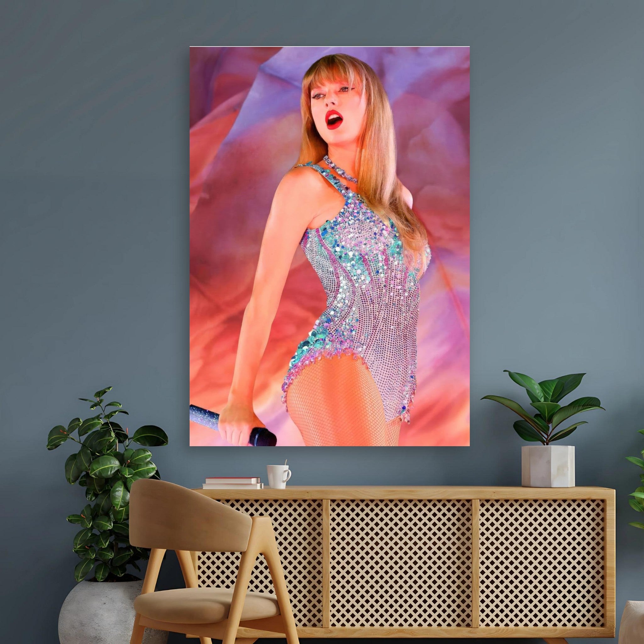 Taylor Swift performing in a dazzling outfit, showcasing vibrant energy in The Eras Tour poster design.