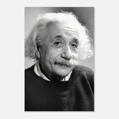 Black-and-white metal print of Albert Einstein, showcasing his wise expression and timeless charm from 1946.