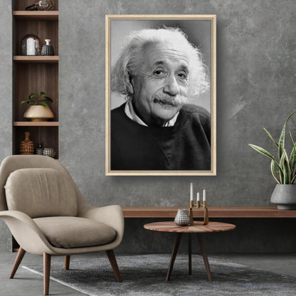 Framed black and white portrait of Albert Einstein (1946) in a modern living space.