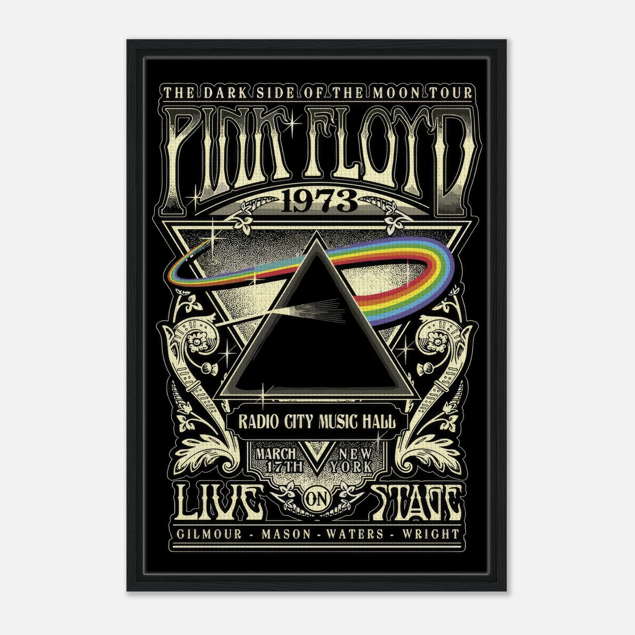 Pink Floyd 1973 Dark Side of the Moon tour framed canvas print featuring iconic prism and rainbow design.