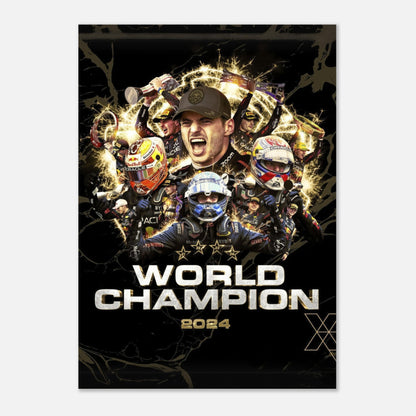 Max Verstappen 2024 World Champion poster featuring vibrant design and iconic moments in Formula 1 racing.