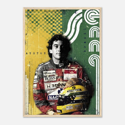 Ayrton Senna F1 legend framed print showcasing the driver in his racing suit with a vibrant Brazilian flag backdrop.