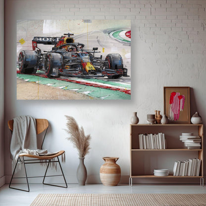 Max Verstappen brushed metal artwork featuring a dynamic Formula 1 racing scene in a modern interior setting.