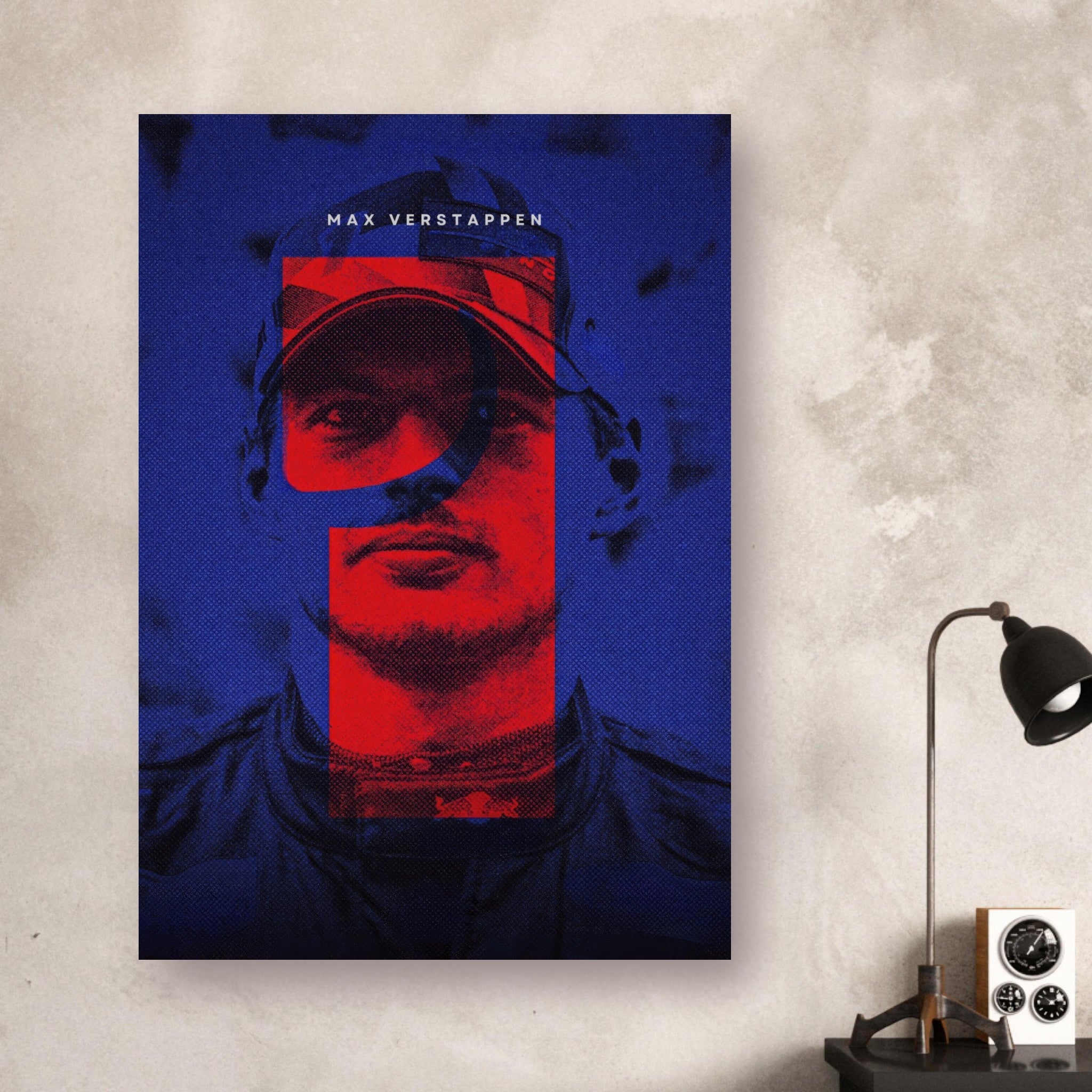 Max Verstappen vibrant F1 poster showcasing bold colors and high-energy design, perfect for framing or room display.