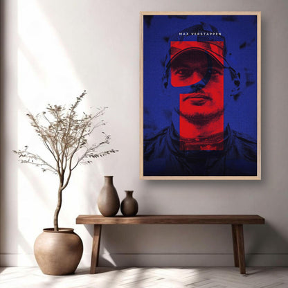 Max Verstappen fine art print framed in a stylish room setting, showcasing vibrant colors and dynamic design.