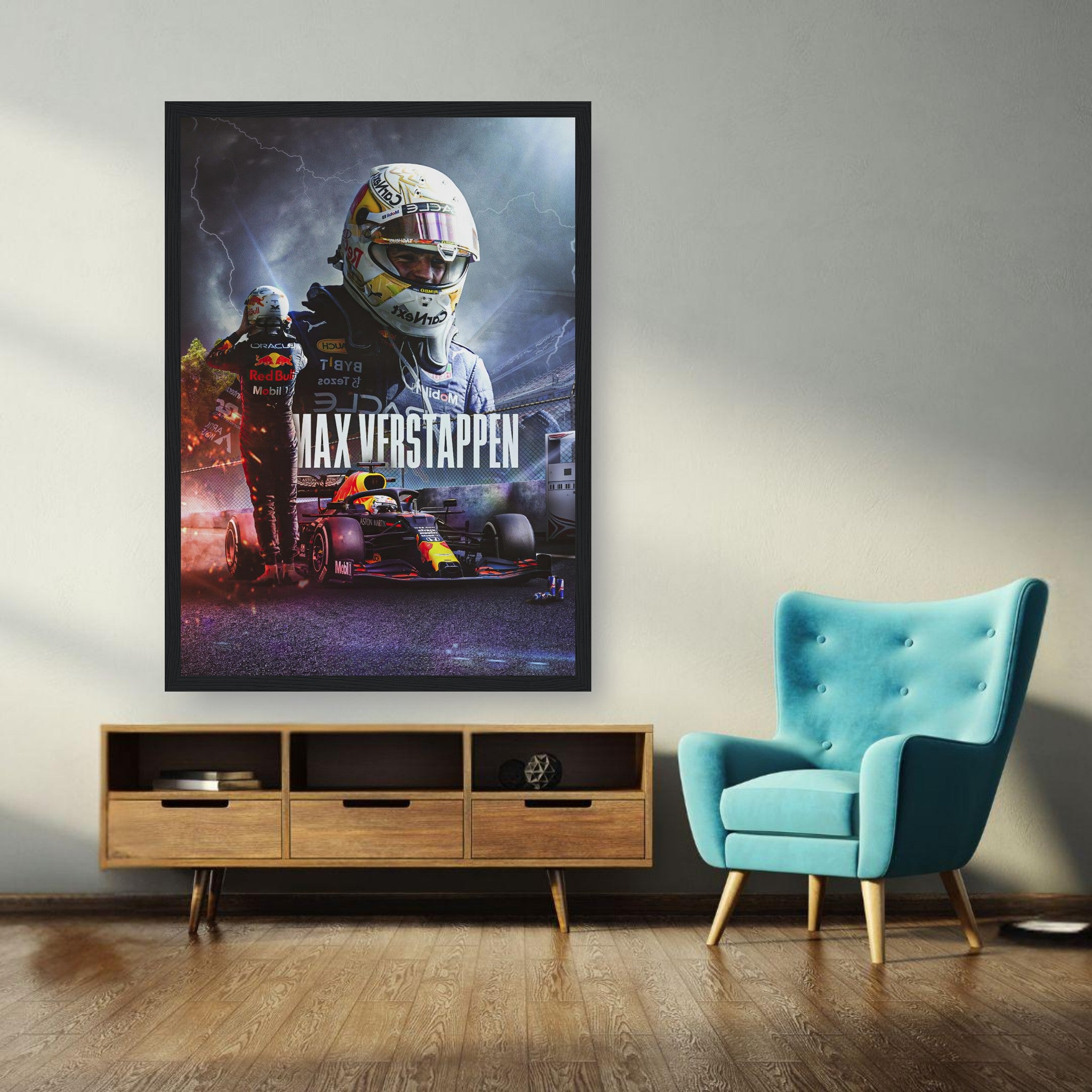 Max Verstappen Red Bull Racing framed print showcasing thrilling F1 artwork in a stylish living room setting.