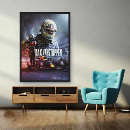 Max Verstappen Red Bull Racing framed print showcasing thrilling F1 artwork in a stylish living room setting.