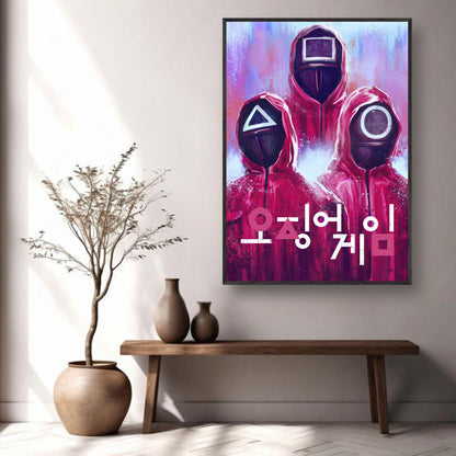 Squid Game fine art print featuring iconic guards in red uniforms with symbols, displayed in a modern living space.