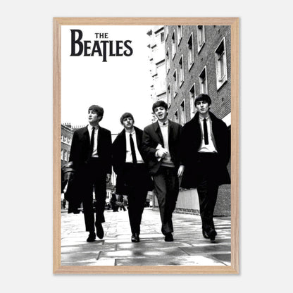 The Beatles black and white photo, fine art museum quality print, iconic band walking in the city.
