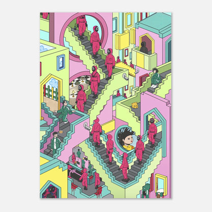 Vibrant Squid Game Stairs poster showcasing intricate design and colorful surreal architecture inspired by the iconic series.