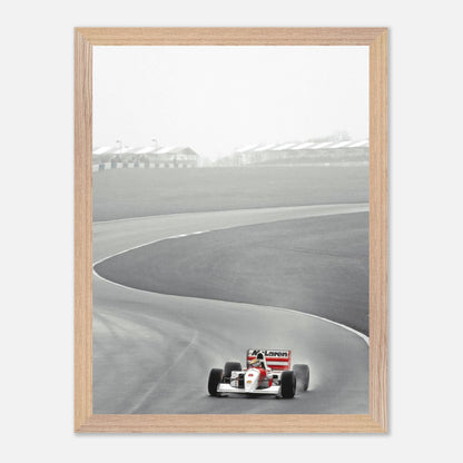 1988 Ayrton Senna McLaren MP4/4 framed vintage photography on racetrack, capturing the thrill of Formula 1's golden era.