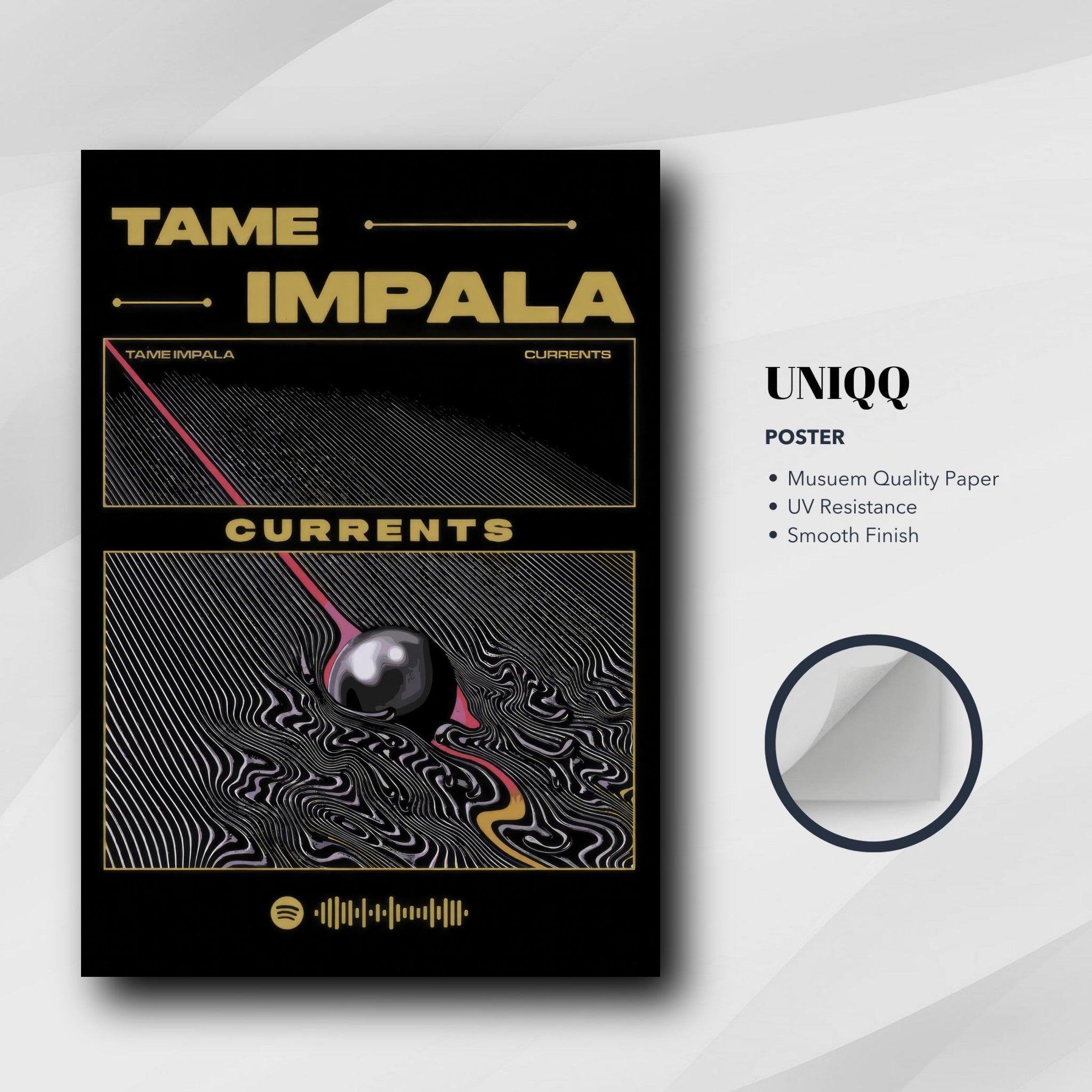 Tame Impala Currents poster featuring iconic album artwork with black and gold accents, printed on premium quality paper.