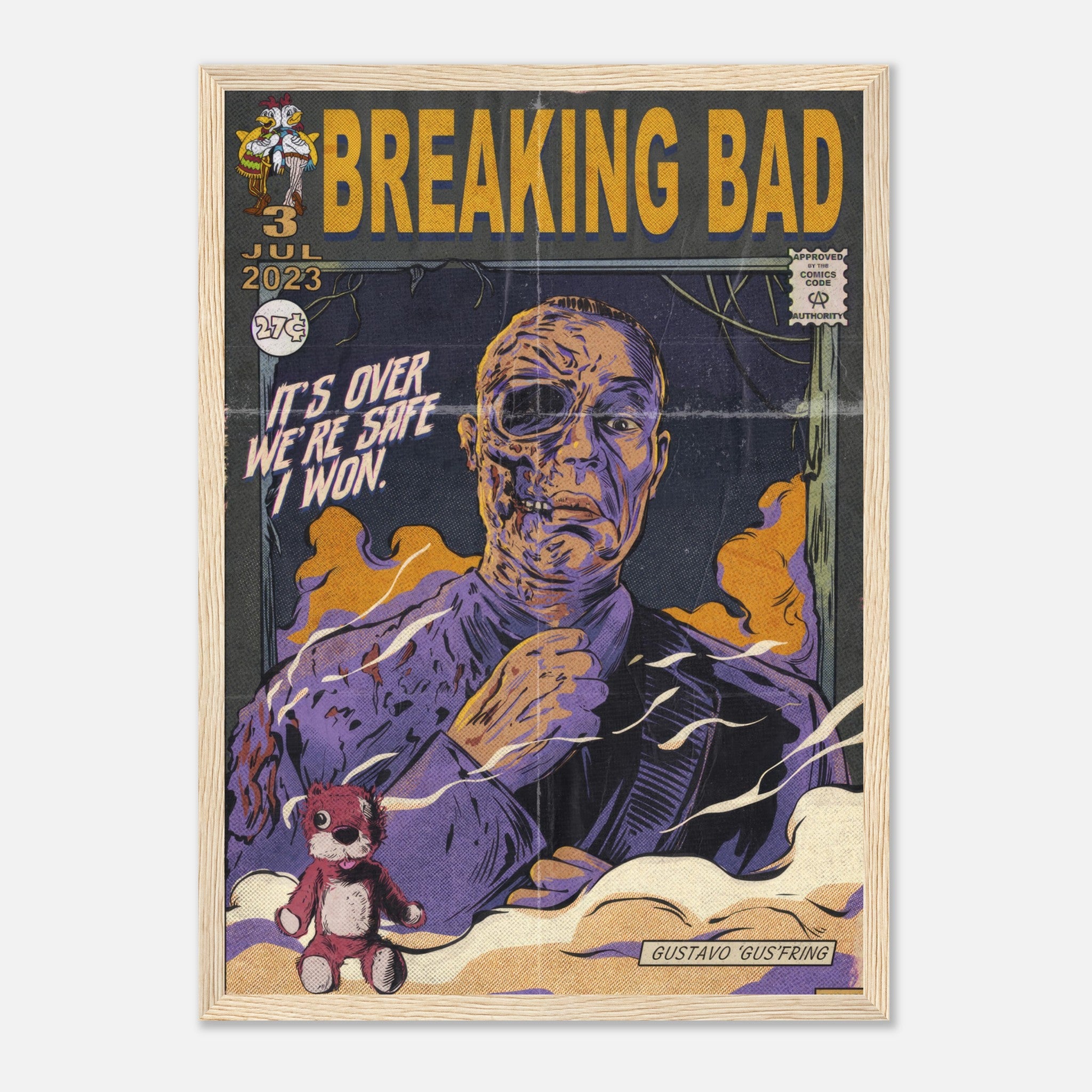 Breaking Bad framed poster featuring Gustavo Fring in a comic-style design with bold colors and vintage aesthetics.