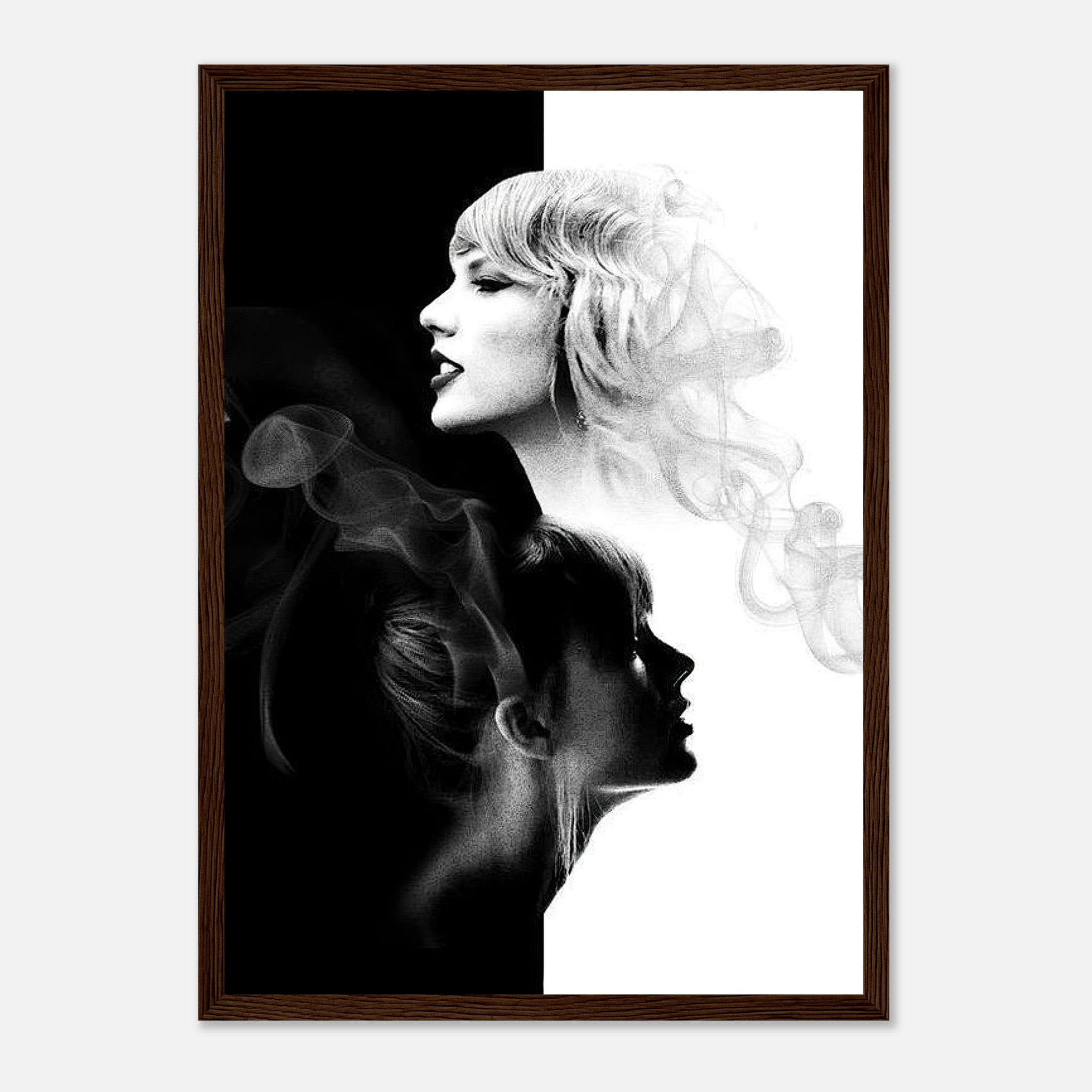 Taylor Swift black and white framed print featuring a dual-portrait design with elegant contrasts and modern artistry.