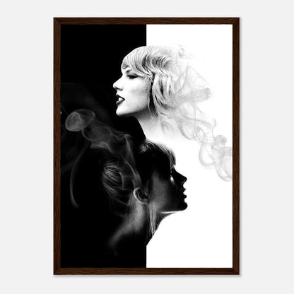 Taylor Swift black and white framed print featuring a dual-portrait design with elegant contrasts and modern artistry.