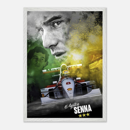 Ayrton Senna fine art print featuring his iconic race car and powerful portrait, celebrating his legacy in Formula 1.