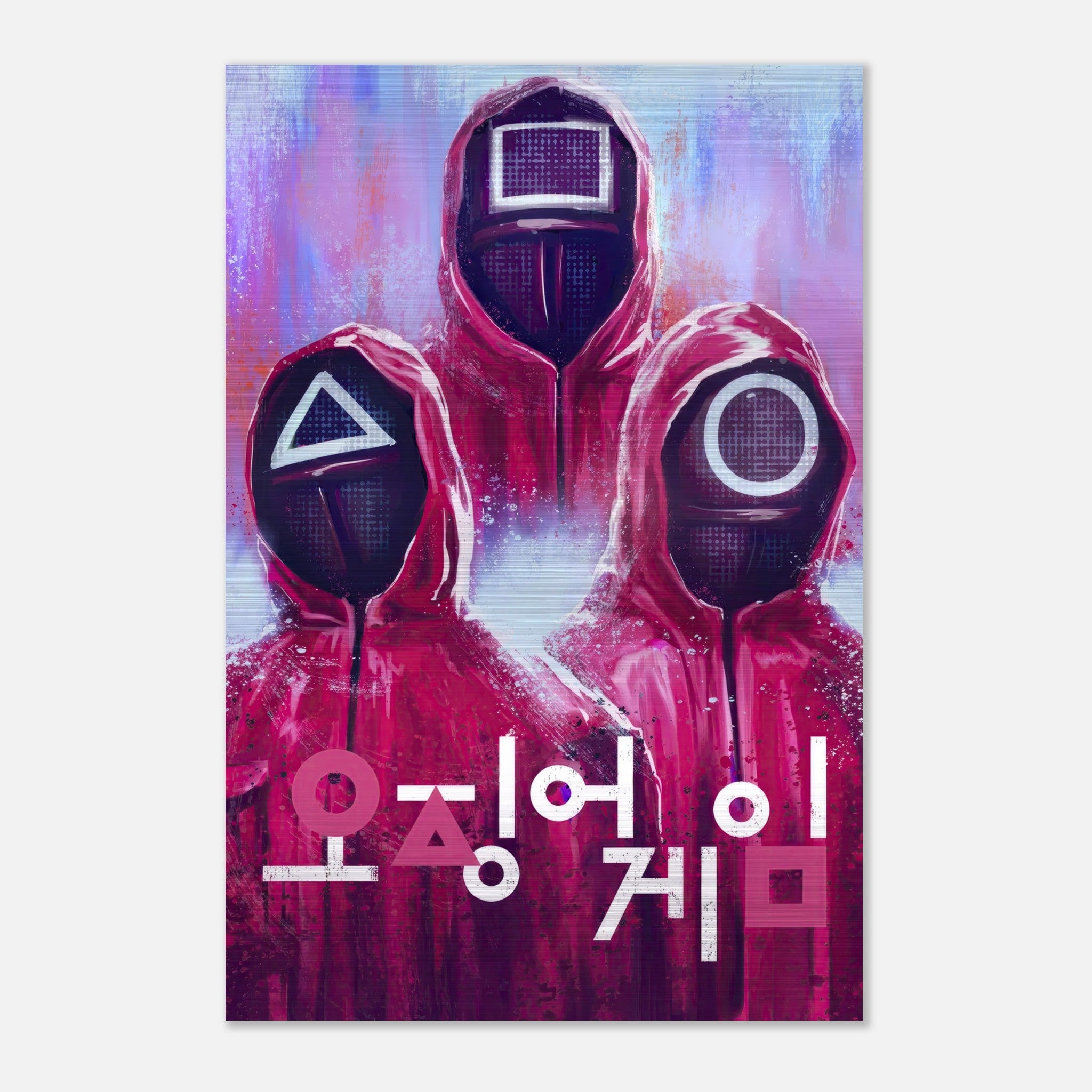 Squid Game brushed metal print featuring masked guards with triangle, circle, and square symbols in vibrant colors.