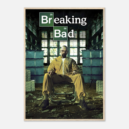 Walter White framed poster featuring iconic image in yellow hazmat suit, embodying Breaking Bad's power and intensity.