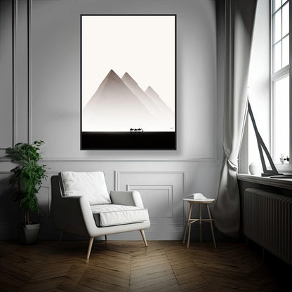 Framed print of the Pyramids of Giza in a modern living room with minimalist decor and natural light.