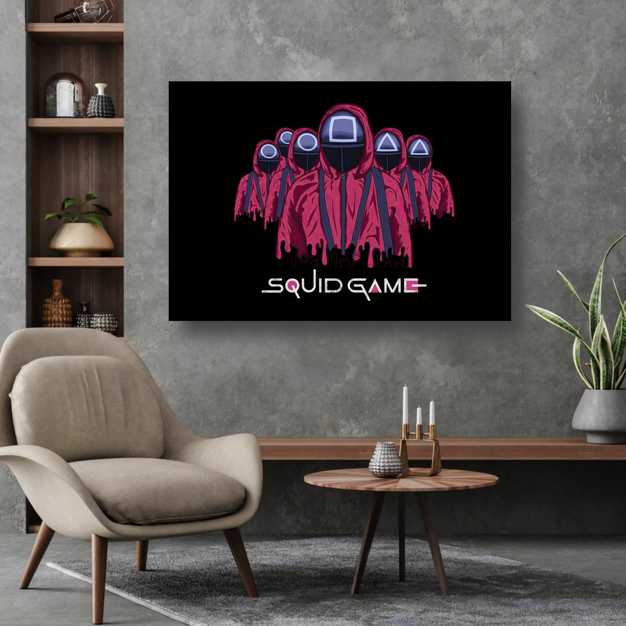 Squid Game Soldiers metal print featuring ominous soldiers in red uniforms on a sleek black background, perfect for fans.