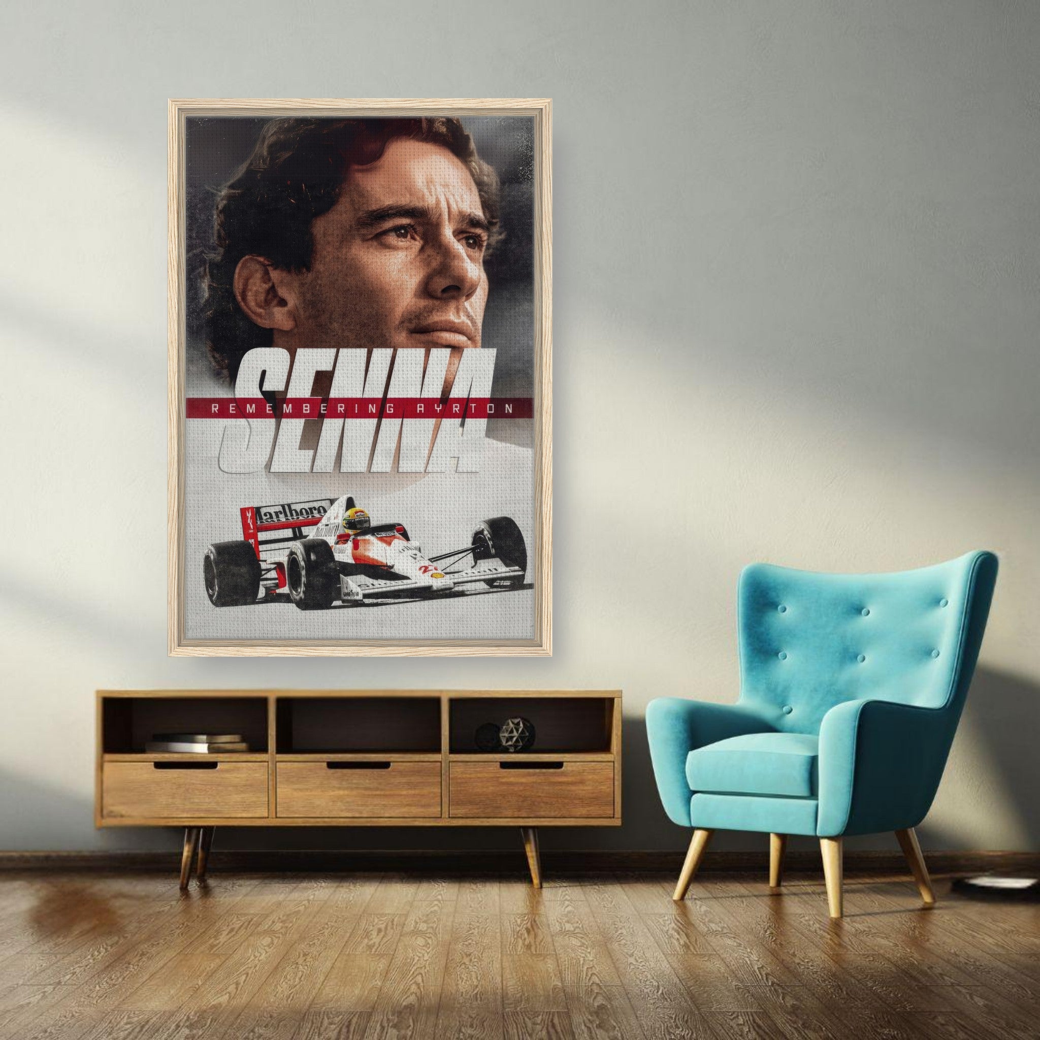 Framed canvas print of Ayrton Senna in F1 car, showcasing his legacy and passion for racing in a stylish interior setting.