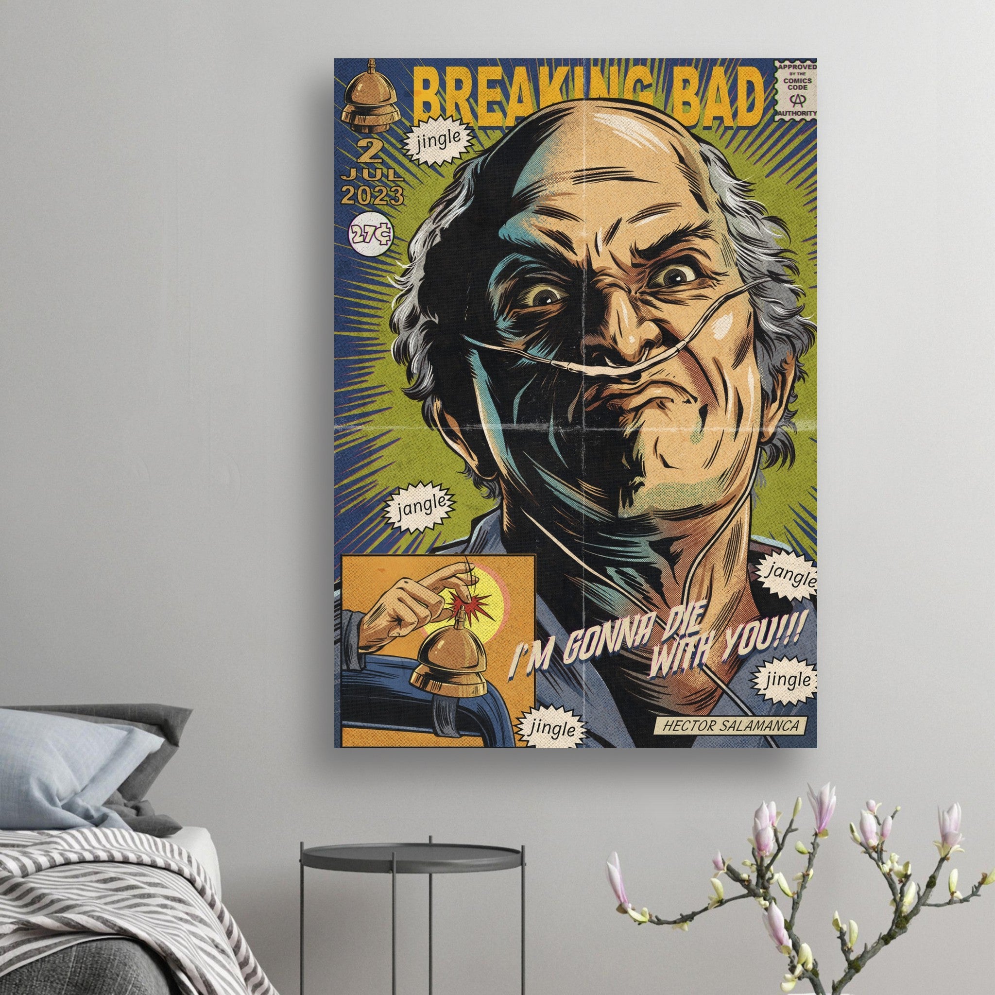 Vintage comic-style Hector Salamanca poster from Breaking Bad with bold colors and intense expression. Perfect wall art.