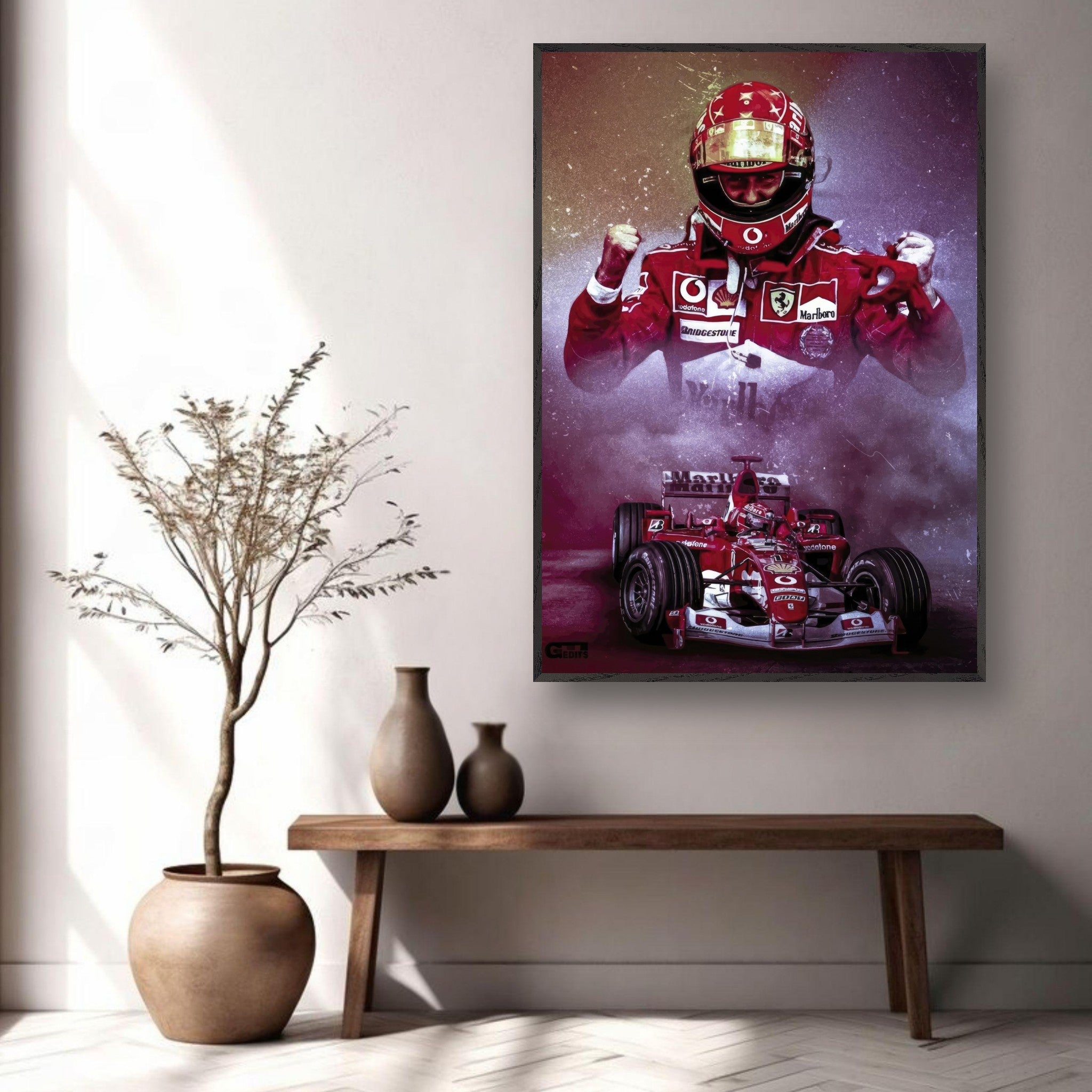 Michael Schumacher fine art print featuring Schumacher in Ferrari suit with racing car, vibrant colors and details.