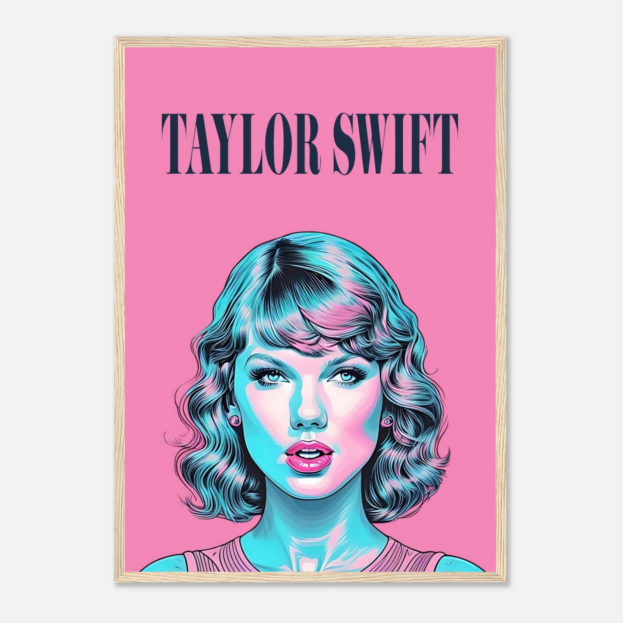 Taylor Swift Pop Art framed poster featuring vibrant pink and turquoise colors, perfect for fans and art lovers.