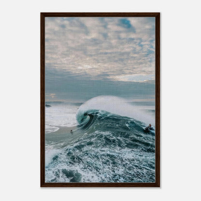 Stunning Big Wave Surfing Framed Canvas Print capturing a surfer riding a massive wave with dynamic ocean details.
