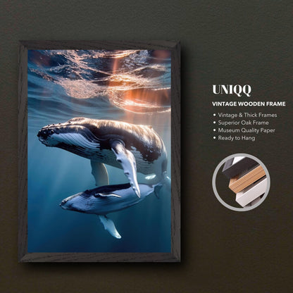 Underwater photography of a humpback whale and calf in vintage wooden frame, showcasing ocean beauty.