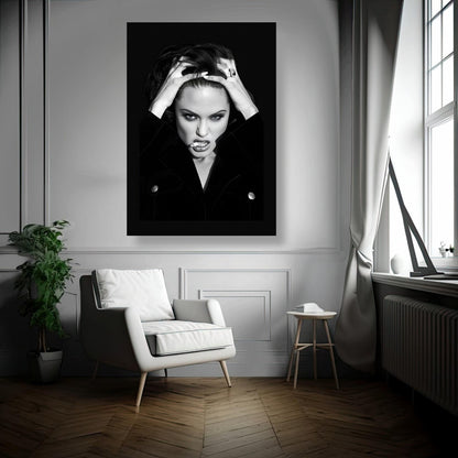 Angelina Jolie smoking metal print displayed in a modern living room, showcasing dramatic black-and-white artwork.