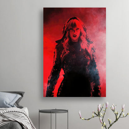 Taylor Swift Red Poster featuring a dramatic pose in a fiery red backdrop, ideal for fans and home decor enthusiasts.