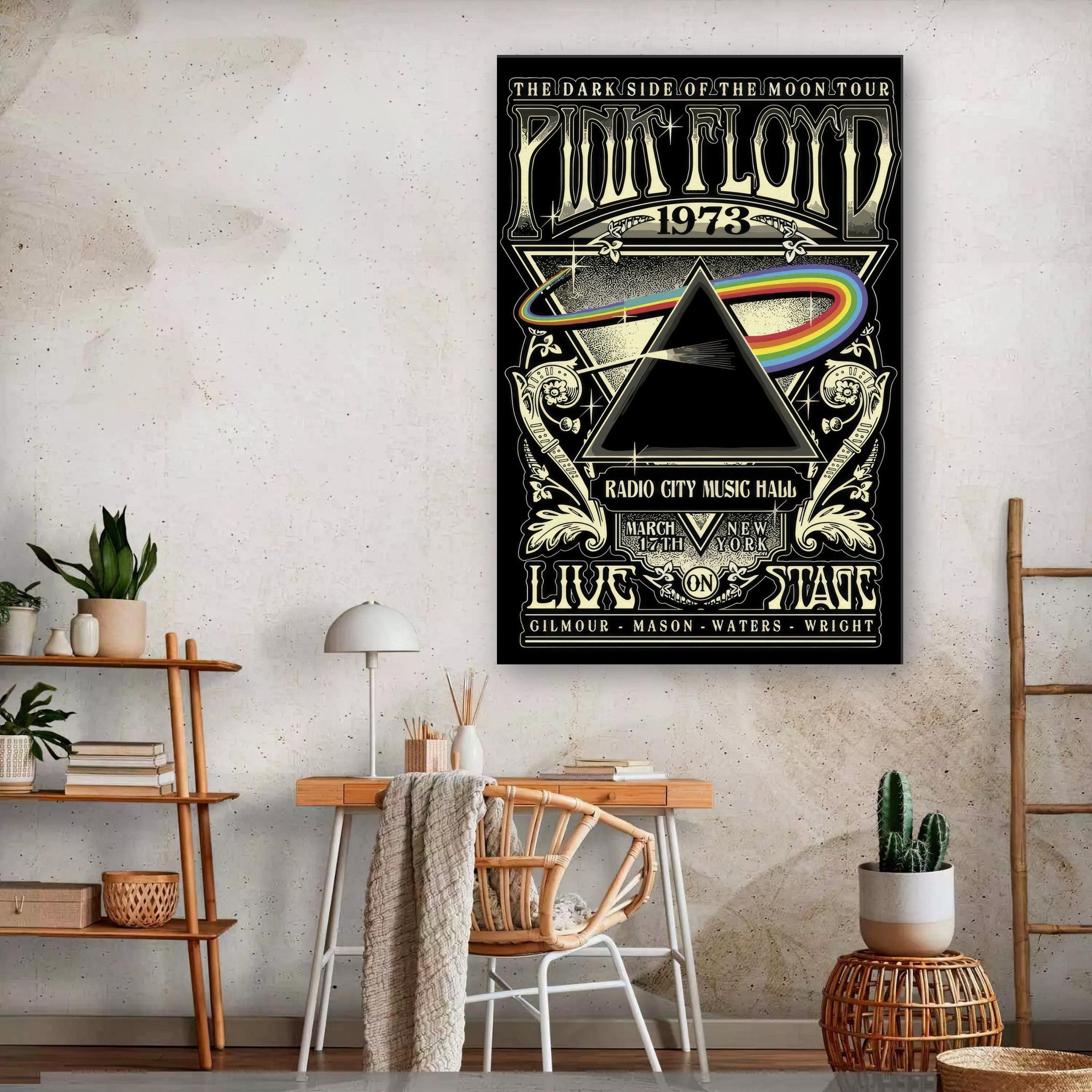 Pink Floyd 1973 tour canvas featuring The Dark Side of the Moon design in a stylish room setting.