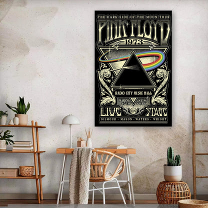 Pink Floyd 1973 tour canvas featuring The Dark Side of the Moon design in a stylish room setting.