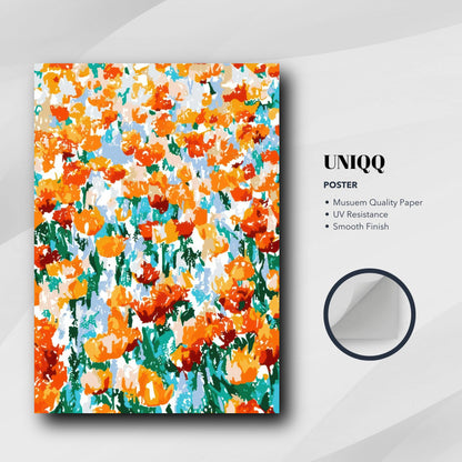 Abstract Floral Tulip Garden poster featuring vibrant orange and red tulips in a colorful, abstract design.